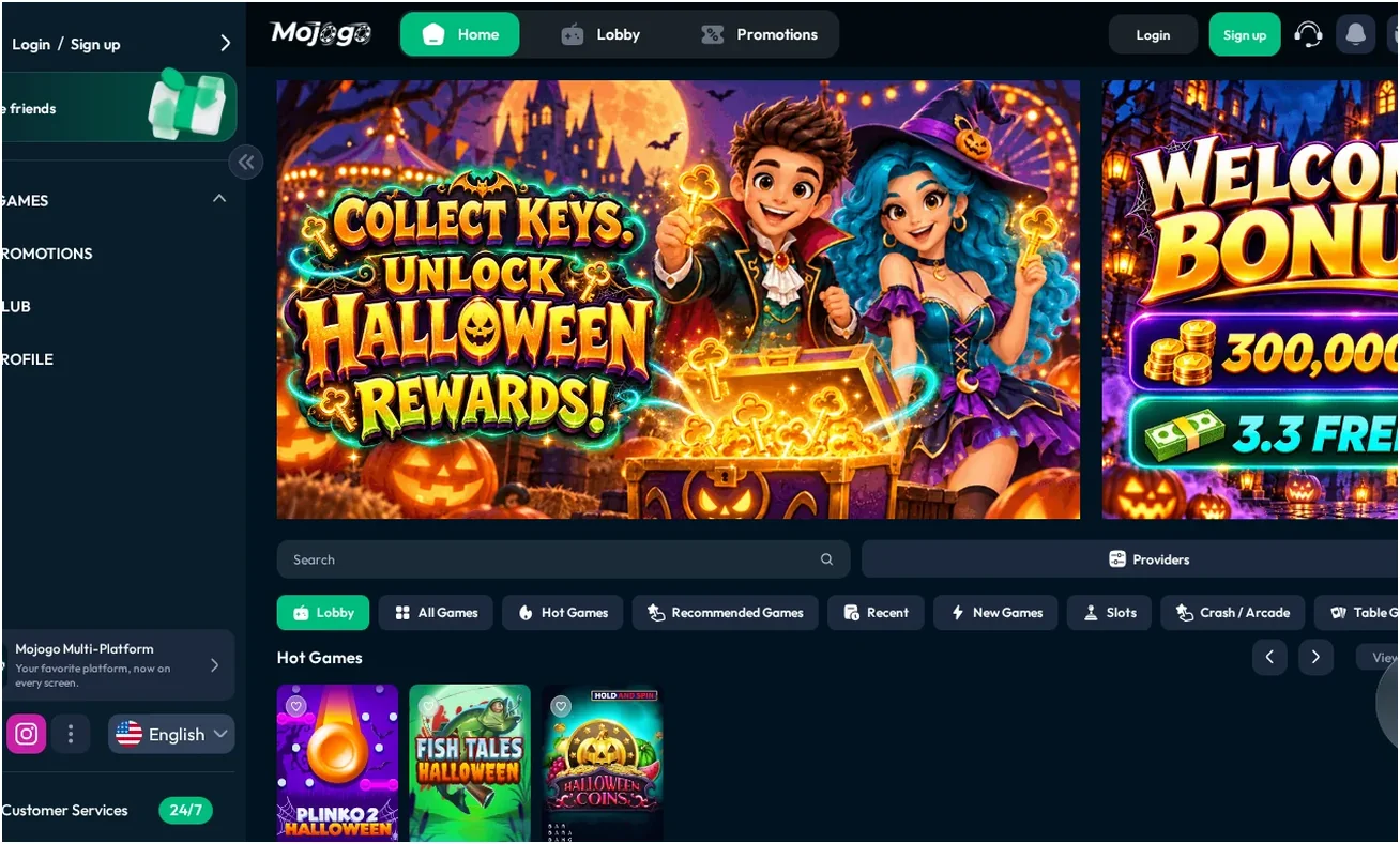 Mojogo home page top section, "Collect Keys, Unlock Halloween Rewards" hero banner, 19.10.2026