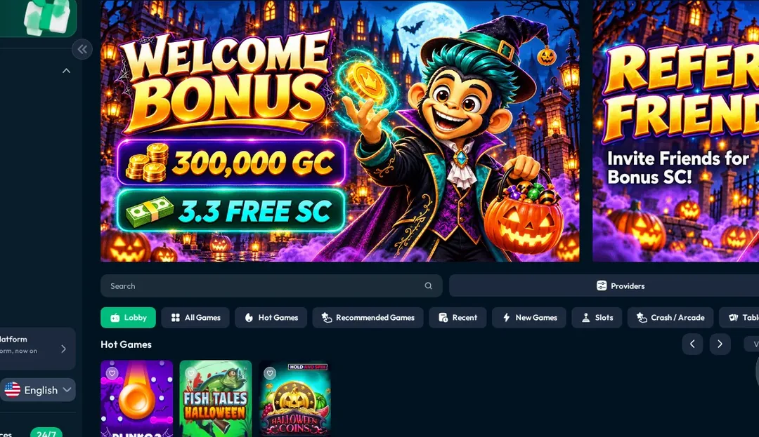 Mojogo promotions page, "Welcome Bonus" with "300,000 GC" and "3.3 FREE SC", 19.10.2026