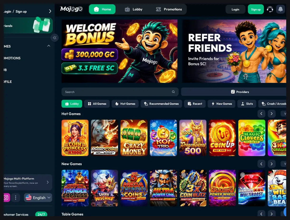Mojogo home page games lobby, "Hot Games" and "New Games" slot grids with thumbnails, 13.10.2026