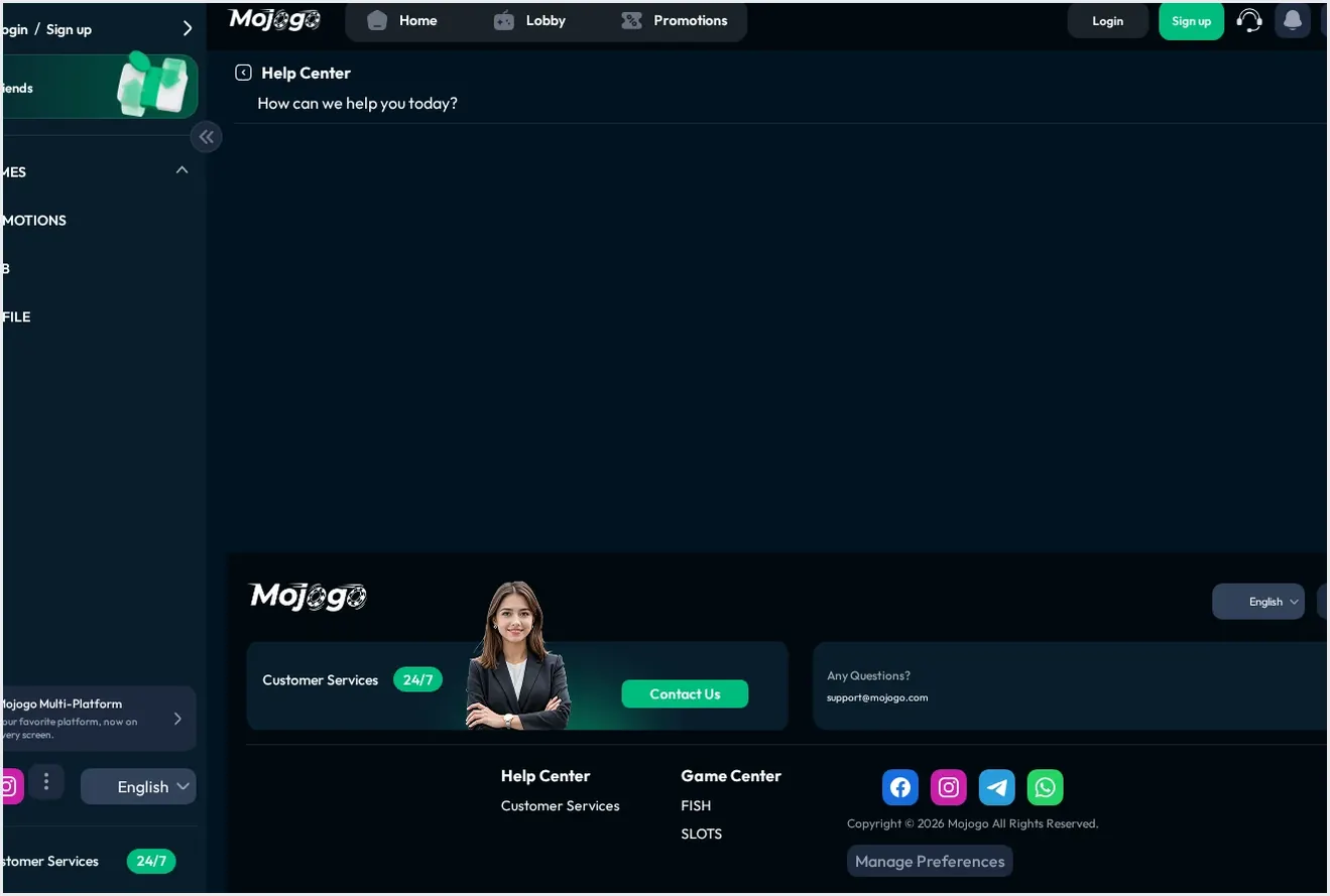 Mojogo Help Center support page, "Contact Us" button with 24/7 customer services indicator, 13.10.2026